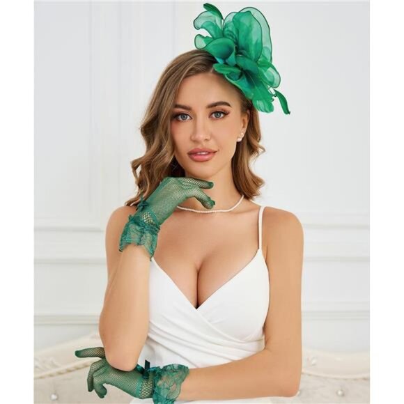 Fascinator Hat Veil Feather Green main image 4